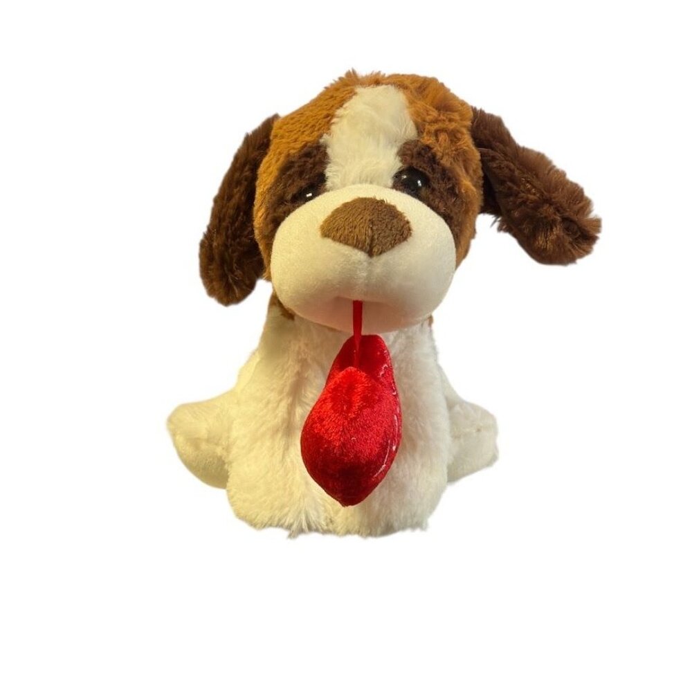 Plush Dark Brown Puppy Dog Holding Red Heart Love Valentines Gift